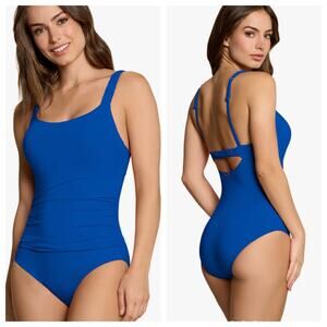 NWT Janzten One Piece Swimsuit Royal Blue Ruching SPF Tummy Control 6